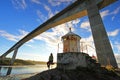 Woman sitting under the bridge at the fjord of the whirlpools of the maelstrom of Saltstraumen, Nordland, Norway Royalty Free Stock Photo