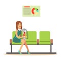 Woman sitting in waiting hall with her parrot in a cage and expecting for visiting a doctor. Colorful cartoon character