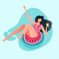 Woman sitting on watermelon buoy on water. Fruit inflatable circleactivity. Summer concept illustrations for