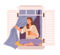 Woman sitting on window sill drinking tea Royalty Free Stock Photo