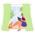 Woman sitting windowsill with cute red cat, online surf internet laptop gadget, remote freelander work flat vector Royalty Free Stock Photo