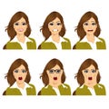 Woman on six different face expressions set Royalty Free Stock Photo