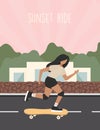 Woman skateboarding. Sunset ride poster, vector Royalty Free Stock Photo