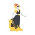 Woman Skeleton in Mexican Traditional Black and Yellow Dress Dancing, Dia de Muertos, Day of the Dead Cartoon Style Royalty Free Stock Photo