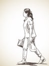 Sketch of asian woman walking with bags, Hand drawn