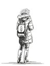 Sketch of standing woman wearing down jacket, Hand drawn