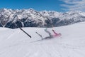 Woman skier accident crash on a ski slope with ski flying, Solden, Austria