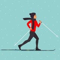 Woman skier in motion. Cross country skiing woman. Young woman in winter clothes on skies. Vector illustration in flat style.