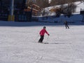 Woman Skier With protective Helmet and Ski Mask having Fun on a Snowy Ski Slope in the Italian Dolomites Mountains