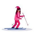 Woman skiing sport activities lady wearing goggles ski suit female carton character sportswoman on skis full length Royalty Free Stock Photo