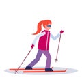 Woman skiing sport activities lady wearing goggles ski suit female carton character sportswoman on skis full length Royalty Free Stock Photo