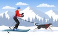 Woman skijoring with her dog . Winter Mountain landsccape Royalty Free Stock Photo