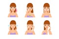 Woman skin care. Cartoon beautiful girl cleaning and washing face with water and soap after makeup. Beauty body