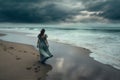 woman sky blue sea cloud ocean storm summer beach nature dress. Generative AI.