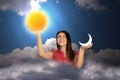 Woman in sky holds moon and sun, collage