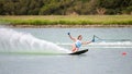 Woman Slalom Skier Rounding a Buoy in Australian Nationals Royalty Free Stock Photo