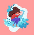 Woman sleep in bed at night vector illustration. Girl in pajama having a sweet dream in bedroom. Royalty Free Stock Photo