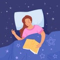 Woman sleep with book. Girl peaceful sleeping after reading books, asleep lady slumber beautiful dreams under comfort
