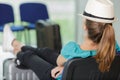 Woman sleeping at airport delay Royalty Free Stock Photo