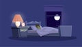 Woman sleeping in bed flat vector illustration. Bedroom interior design on blue background. Young girl lying in bed