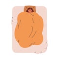 Woman sleeping in bed. Happy girl asleep under blanket, lying, resting on pillow. Person reposing, covered with duvet