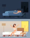 Woman sleeping and dreaming in bed at night and waking up in morning cartoon vector concept