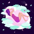 Woman Sleeping And Dreaming, Bedtime Concept, Vector Illustration
