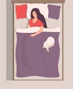 Woman sleeping in her bed, top view. Girl sleeps peacefully with her cat near. Vector illustration in flat style