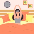 Woman in sleeping mask is waking up and yawning.