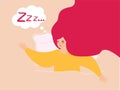 Woman sleeping at night in her bed looks happy relaxed. Girl taking a nap snores and sees dream in a speech bubble.