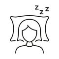 Woman Sleeping On Pillow With ZZZ Line Icon. Relaxed Sleeping Female Outline Symbol. Restful Sleep. Editable Stroke