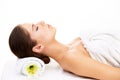 Woman, sleeping and relax in spa, zen or massage lying isolated on a white studio background. Female person or model