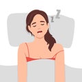 Woman sleeping and snoring in flat design. Snore health problem concept