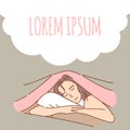 Woman sleeping vector banner template. Sleeping sweet dream, peaceful, relax cartoon outline illustration.