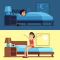 Woman sleeping waking up. Girl relaxing bedroom night, awake morning stretching sitting on mattress. Female good sleep Royalty Free Stock Photo