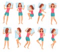 Woman sleeps in different poses. Healthy night sleep, sleeping pose and female character sleep on pillow cartoon vector