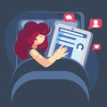 Woman sleeps with her smartphone in the bed. Internet smartphone or social media addiction concept - vector flat cartoon Royalty Free Stock Photo