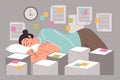 Woman sleeps in office among documents due to overwork caused by abundance paperwork and deadlines