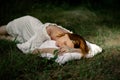 A woman sleeps in the woods on a pillow. Healthy, sound sleep concept. Rest, relaxation in nature