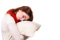 Woman sleepy tired with pillow almost falling asleep Royalty Free Stock Photo