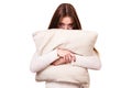 Woman sleepy tired with pillow almost falling asleep Royalty Free Stock Photo