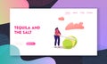 Woman Slicing Fresh Citrus Fruit Landing Page Template. Tiny Female Character Cutting Huge Lime with Knife Royalty Free Stock Photo