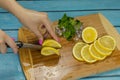 Woman slicing lemon on a wooden cutting board in the kitchen Royalty Free Stock Photo