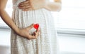Pregnant woman holding a hearth shape on her belly Royalty Free Stock Photo