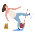 Woman slipped on puddle caution wet floor washing isometric vector illustration