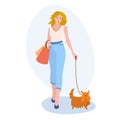 Woman With Small Dog illustration. Girl, bag, pet, leash. Editable vector graphic design. Royalty Free Stock Photo