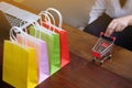 Woman and Small shopping cart with Laptop for Internet online shopping concept Royalty Free Stock Photo