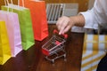 Woman and Small shopping cart with Laptop for Internet online shopping concept Royalty Free Stock Photo