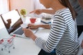 Woman and Small shopping cart with Laptop for Internet online shopping concept Royalty Free Stock Photo