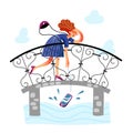 Woman and smartphone falling in water from bridge Royalty Free Stock Photo